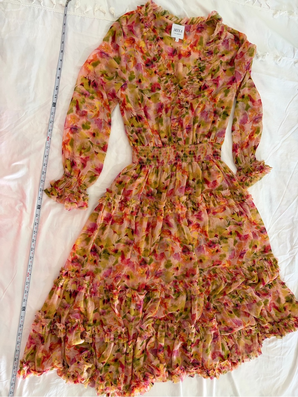 Misa Los Angeles Floral Ruffle Long Sleeve Dress in Pink, Green, Yellow